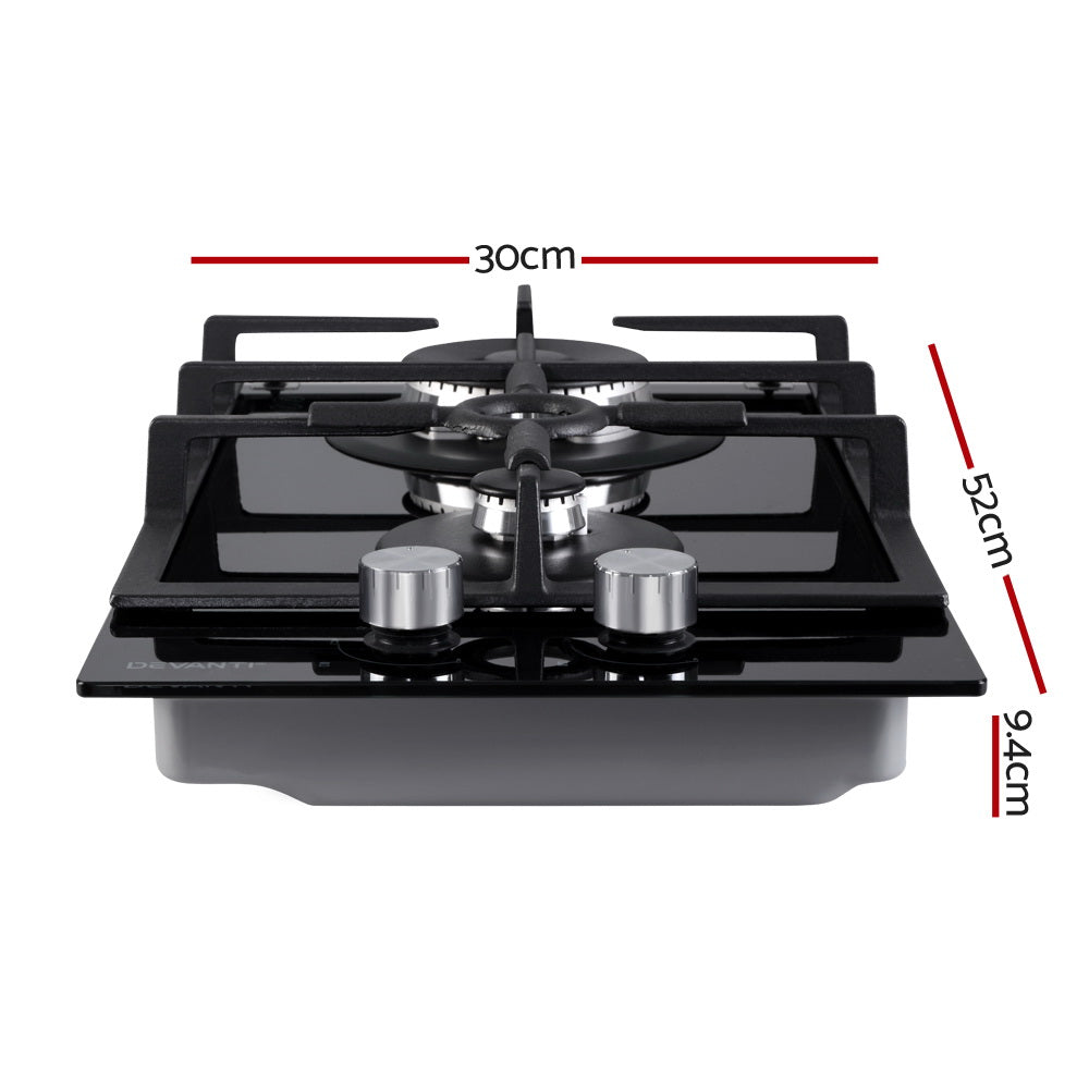 30cm 2-Burner Black Gas Cooktop