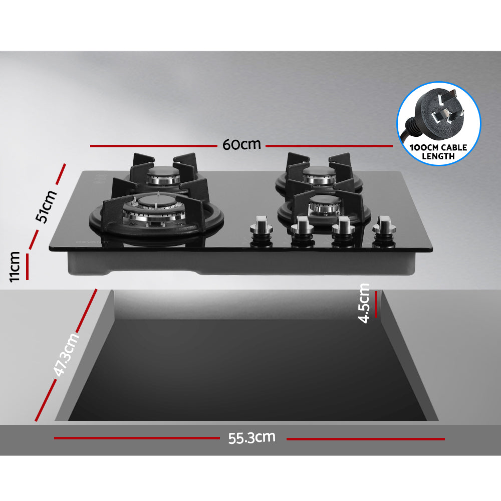 60cm 4 Burner Black Gas Cooktop