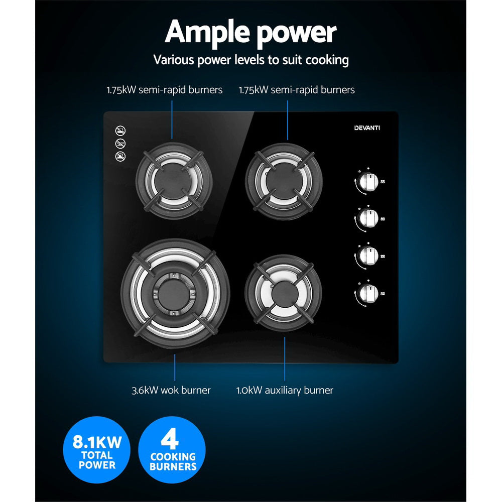 60cm Black Gas Cooktop with 4 Burners