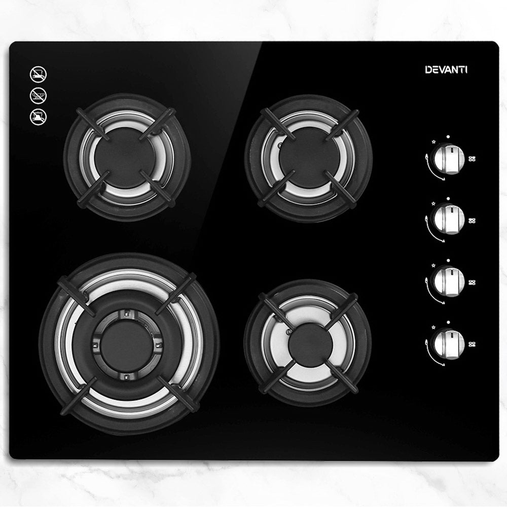 60cm Black Gas Cooktop with 4 Burners