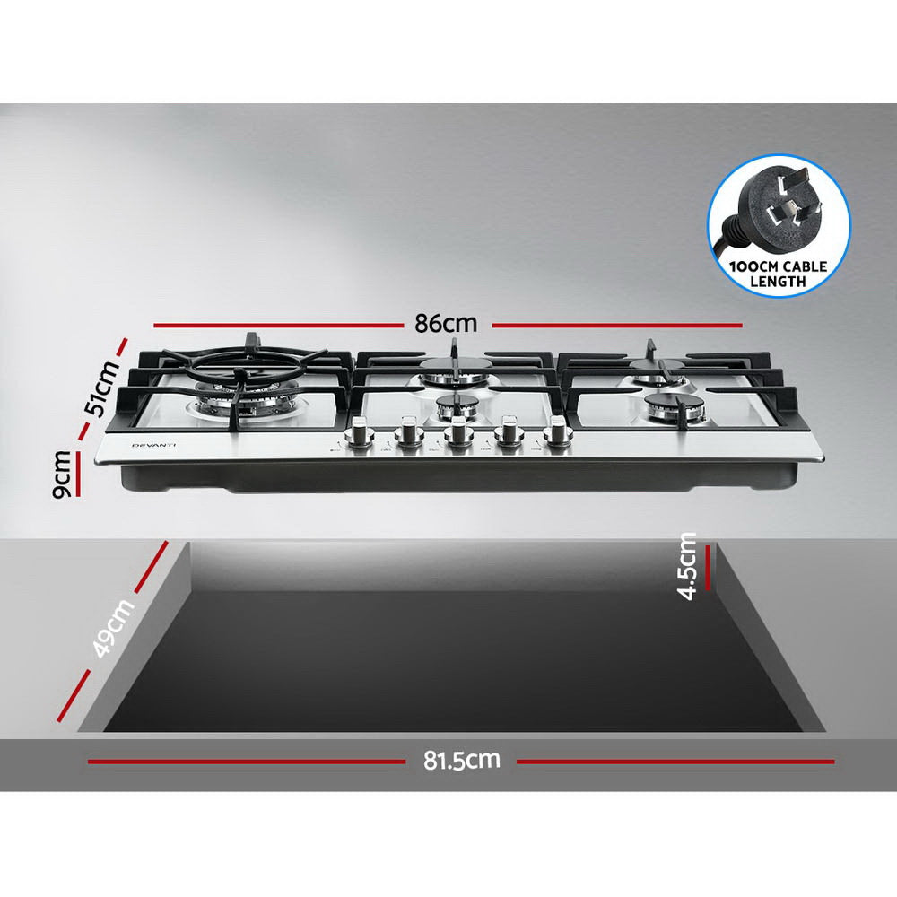 90cm 5-Burner Stainless Steel Gas Cooktop