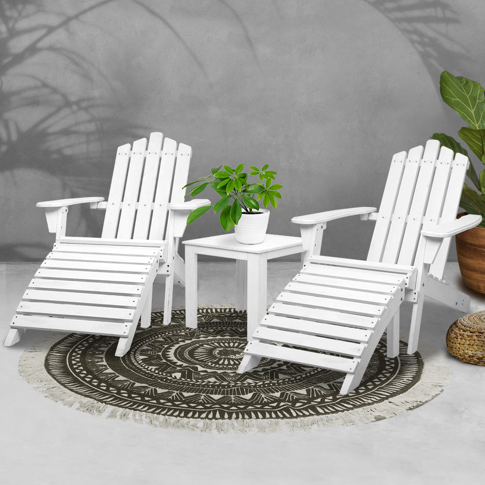 Gardeon 5PC Adirondack Outdoor Table and Chairs Wooden Sun Lounge Patio Furniture White