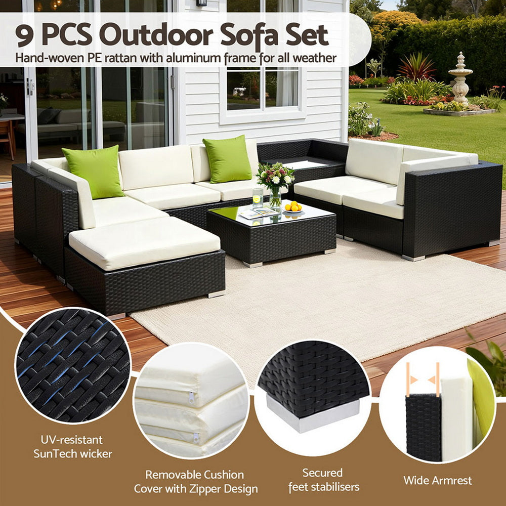 Gardeon 9-Piece Outdoor Sofa Set Wicker Couch Lounge Setting Cover