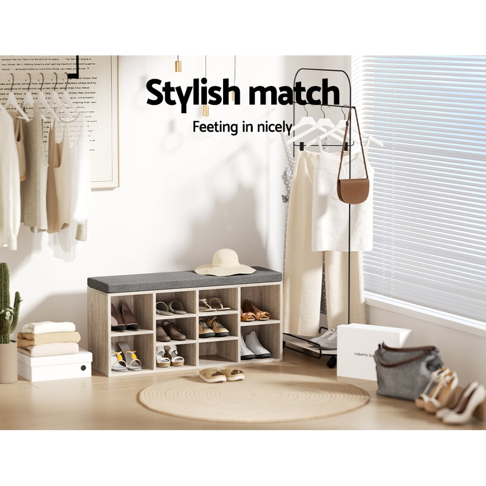 Pine & Grey Shoe Rack Bench with Cushion