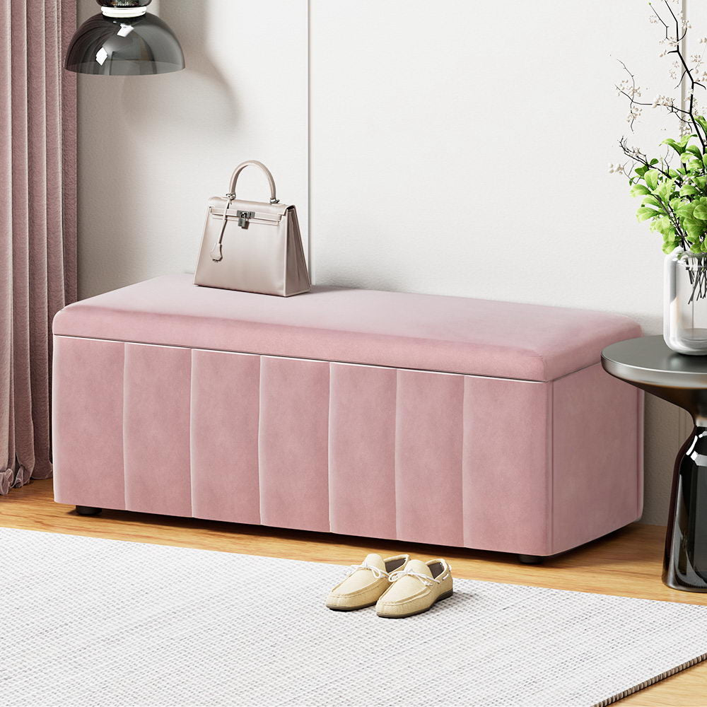 Artiss Velvet Pink Storage Ottoman - 103cm