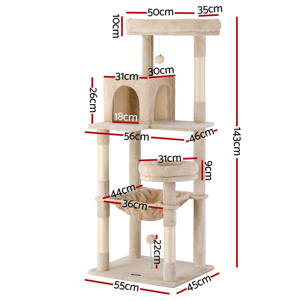 i.Pet Cat Tree 143cm Tower Scratching Post Trees Scratcher Condo House Beige