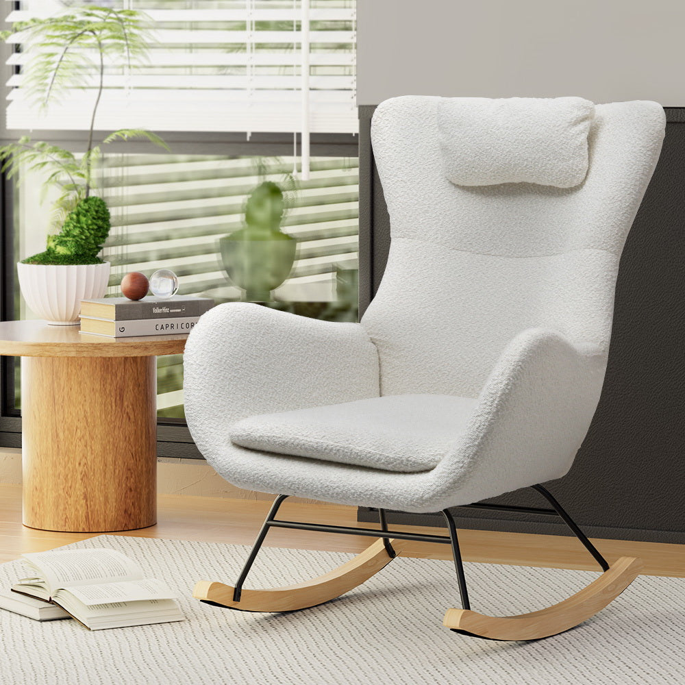 Artiss Boucle Rocking Chair with Armchair Pillow - White