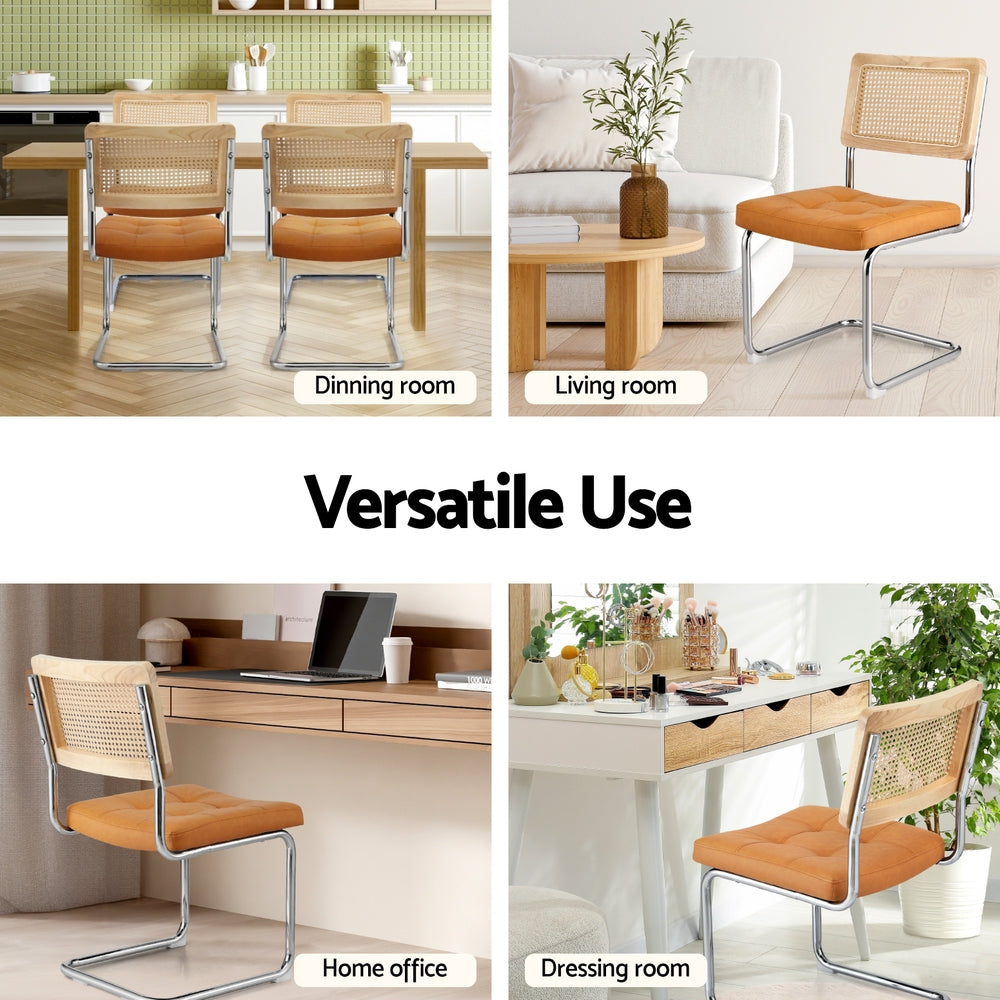 Brown PU Leather Rattan Cantilever Dining Chairs Set of 2