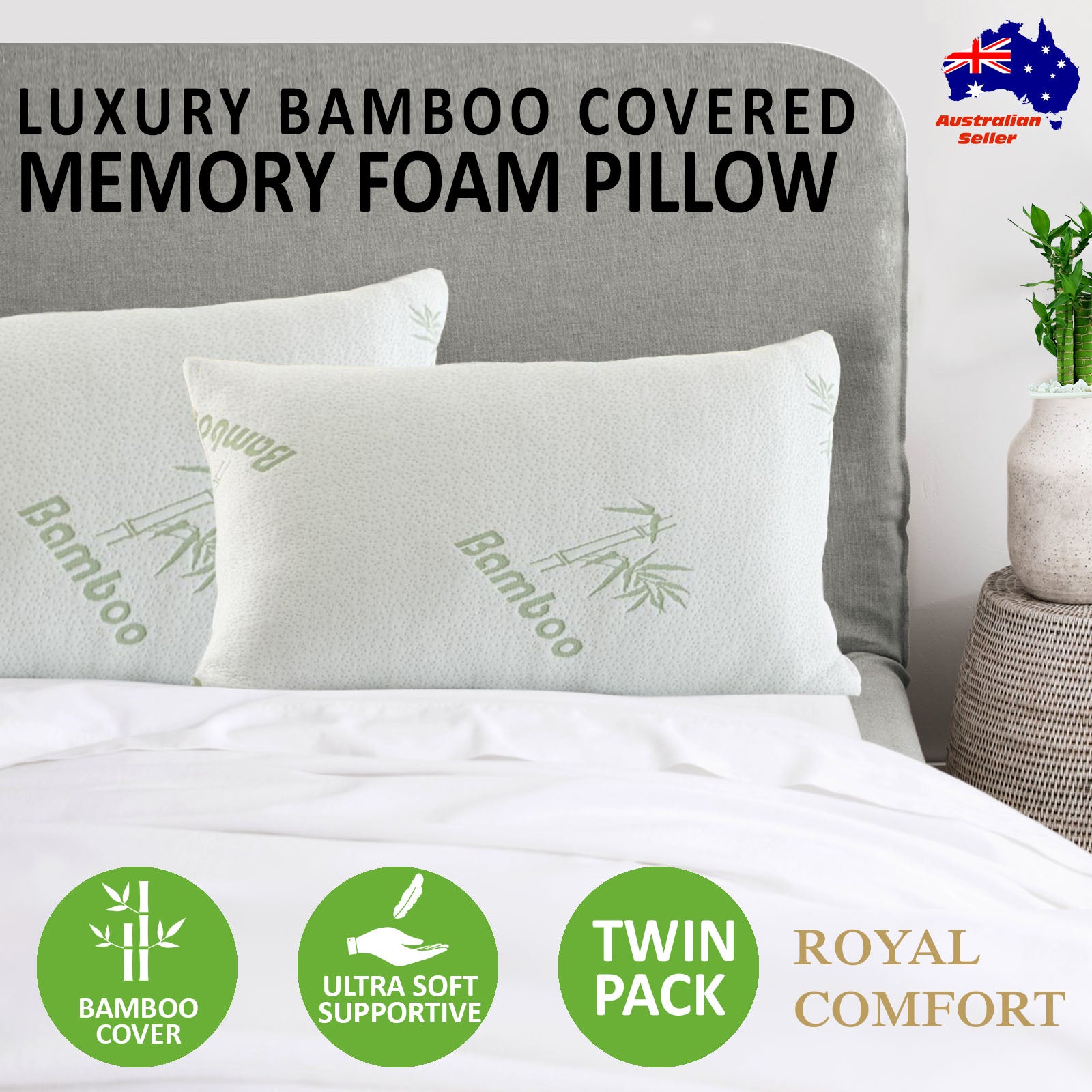 Royal Comfort Luxury Bamboo Memory Foam Pillow Twin Pack
