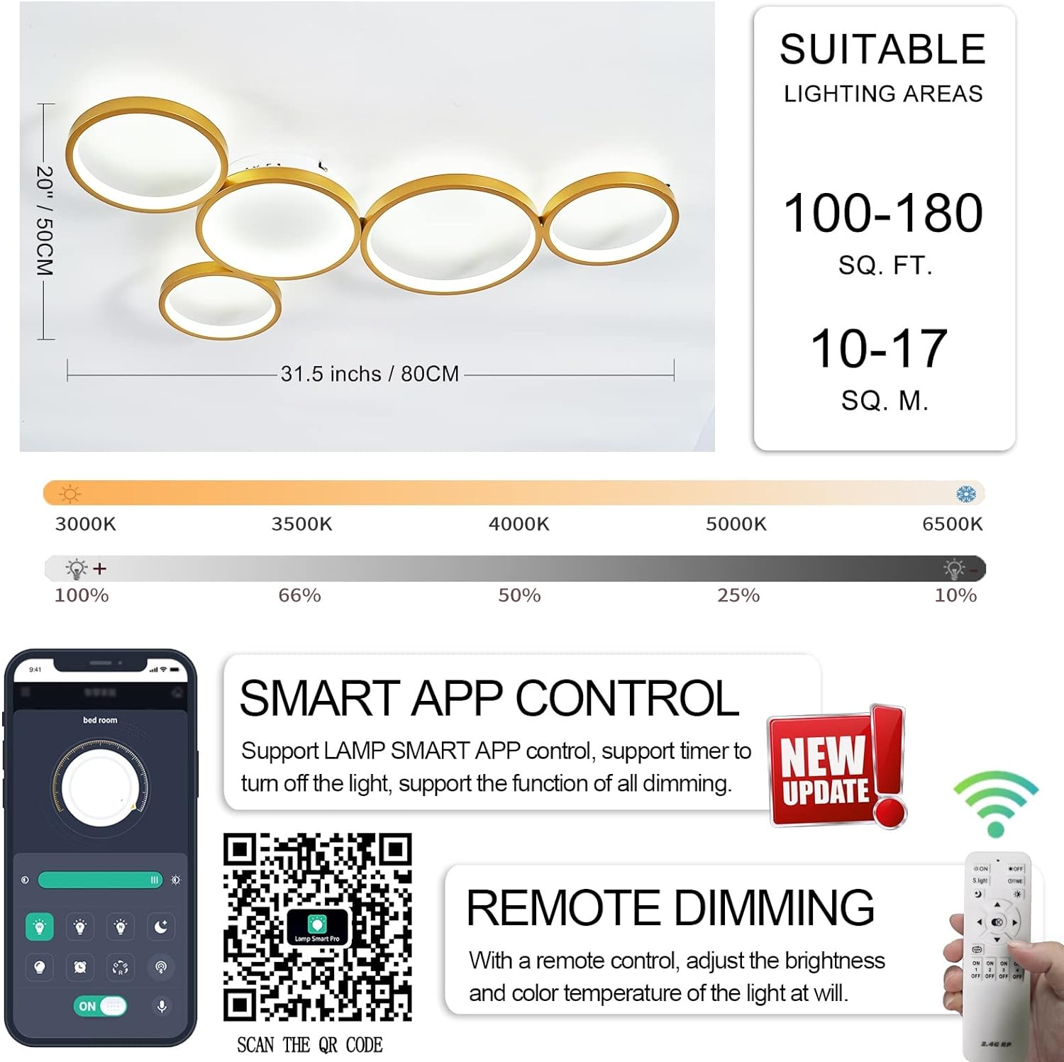 Elegant LED Golden Ceiling Light with Remote