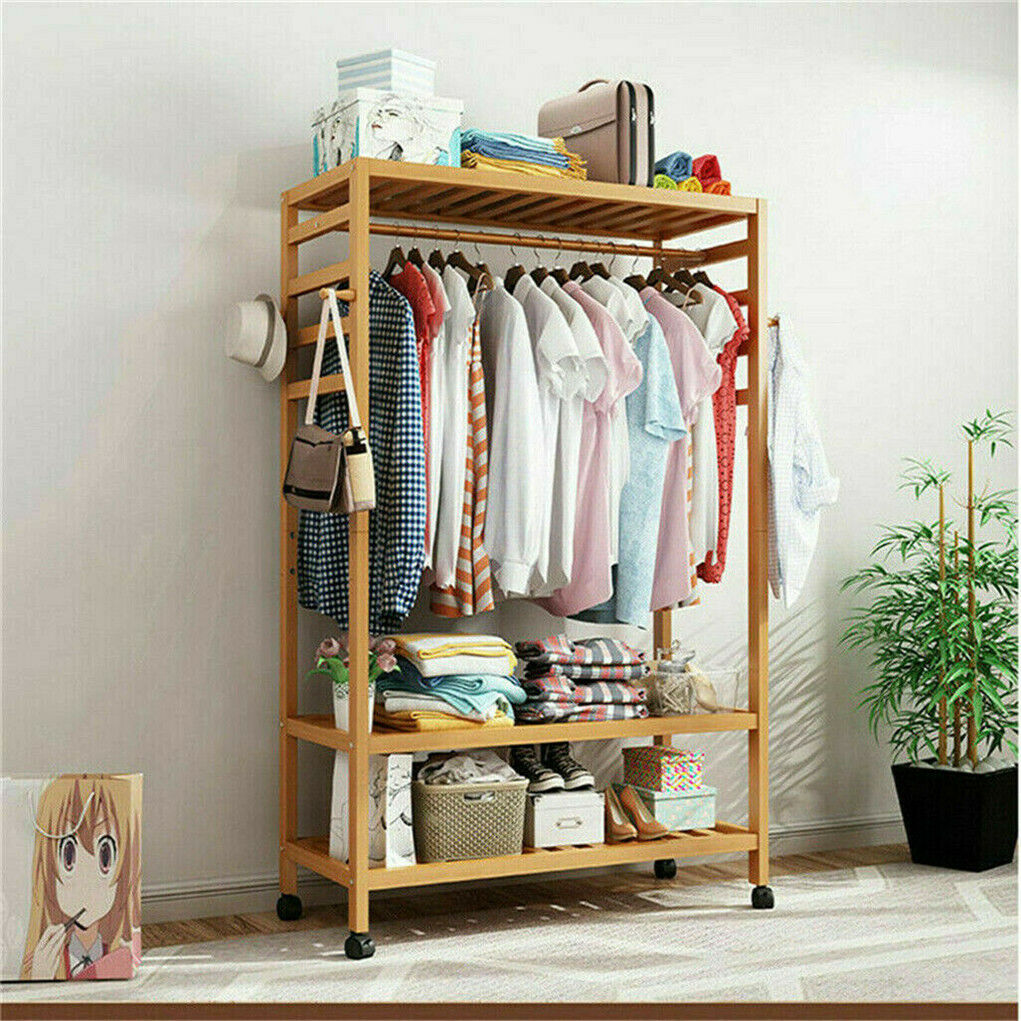 3-Tier Rolling Bamboo Clothes Rack with Hooks