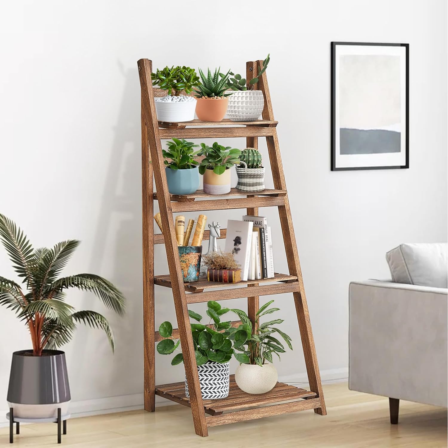 Rustic Wood 4-Tier Plant Stand & Bookshelf
