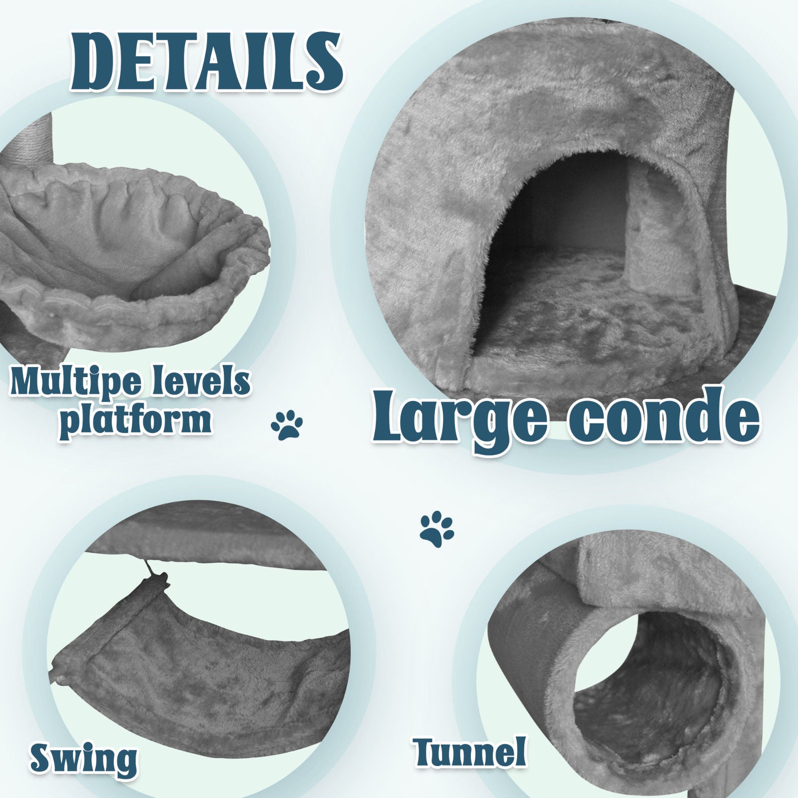 Grey Cat Tree Tower Condo Scratching Post Bed Stand 1.4M