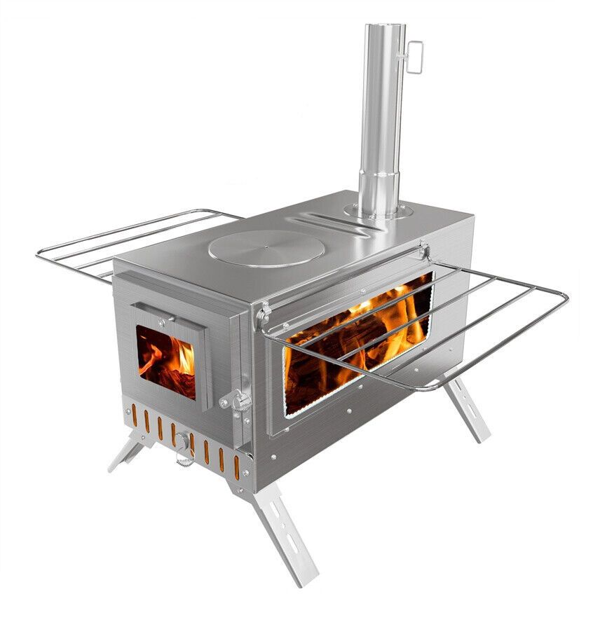 Stainless Steel Wood Burning Stove 1 Burner Camping BBQ with Chimney
