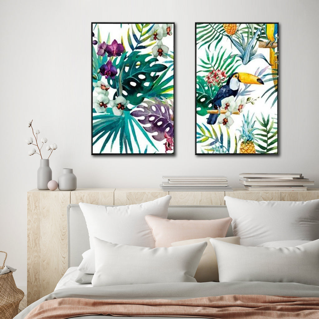 Wall Art Toucan and Orchid 2 Sets Black Frame Canvas Decorative Home Wall Decor