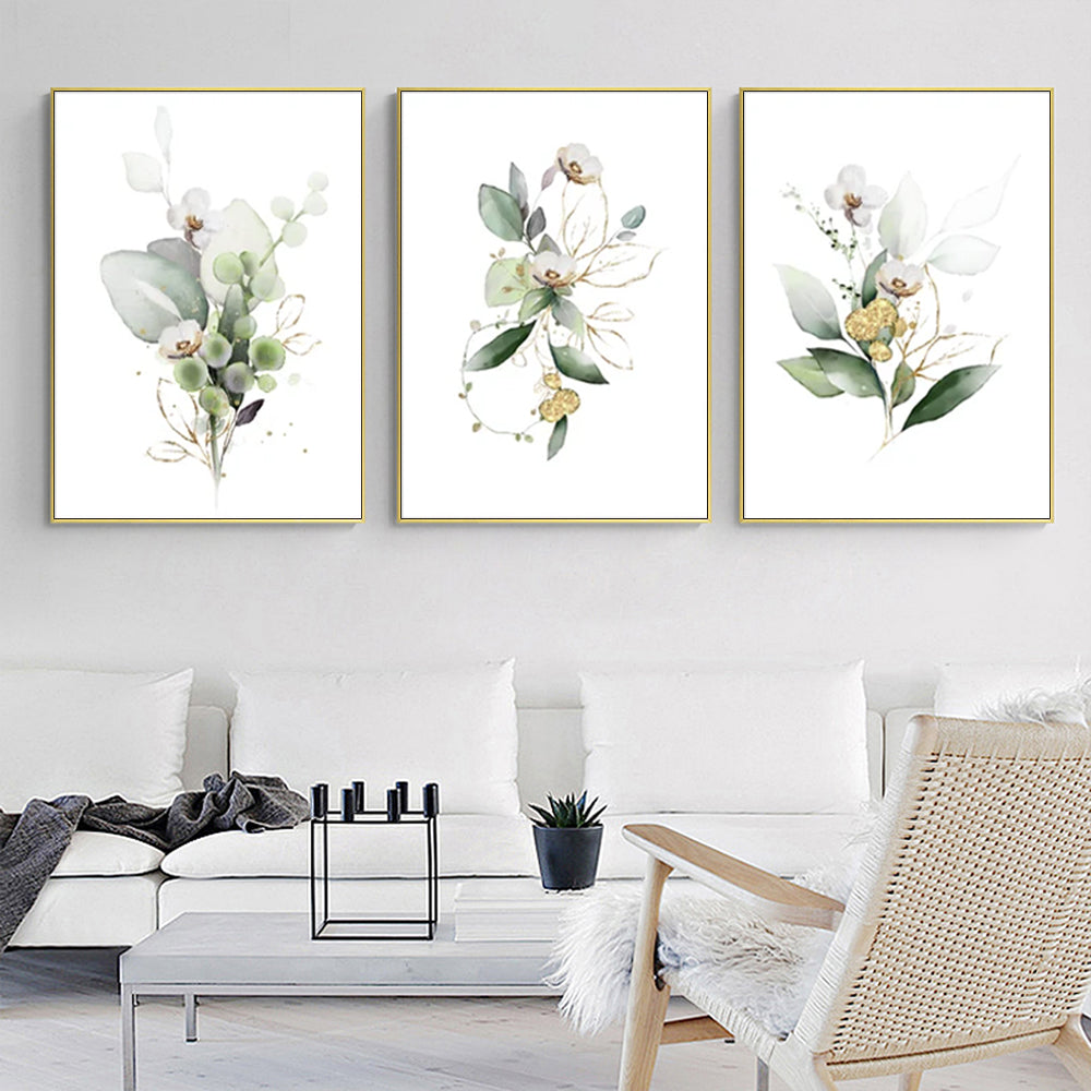 Wall Art Green and Gold Watercolor Botanical Canvas with Gold Frame, Modern Decor