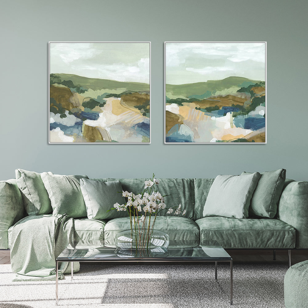 Wall Art Abstract Landscape 2 Sets White Frame Canvas Modern Home Decor Set