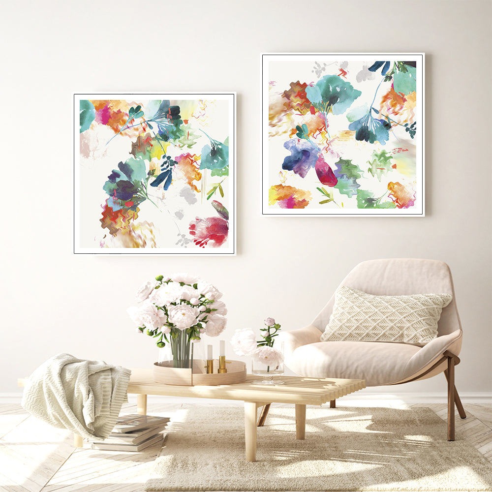 Wall Art Glitchy Floral 2 Sets White Frame Canvas for Home Decor and Living Room