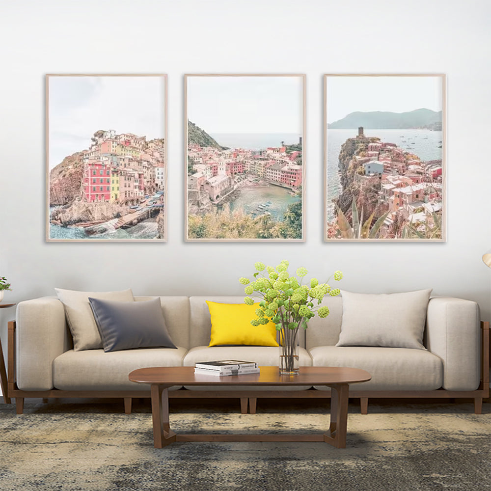 Wall Art Italy Cinque Terre 3 Sets Wood Frame Canvas Triptych Decorative Prints