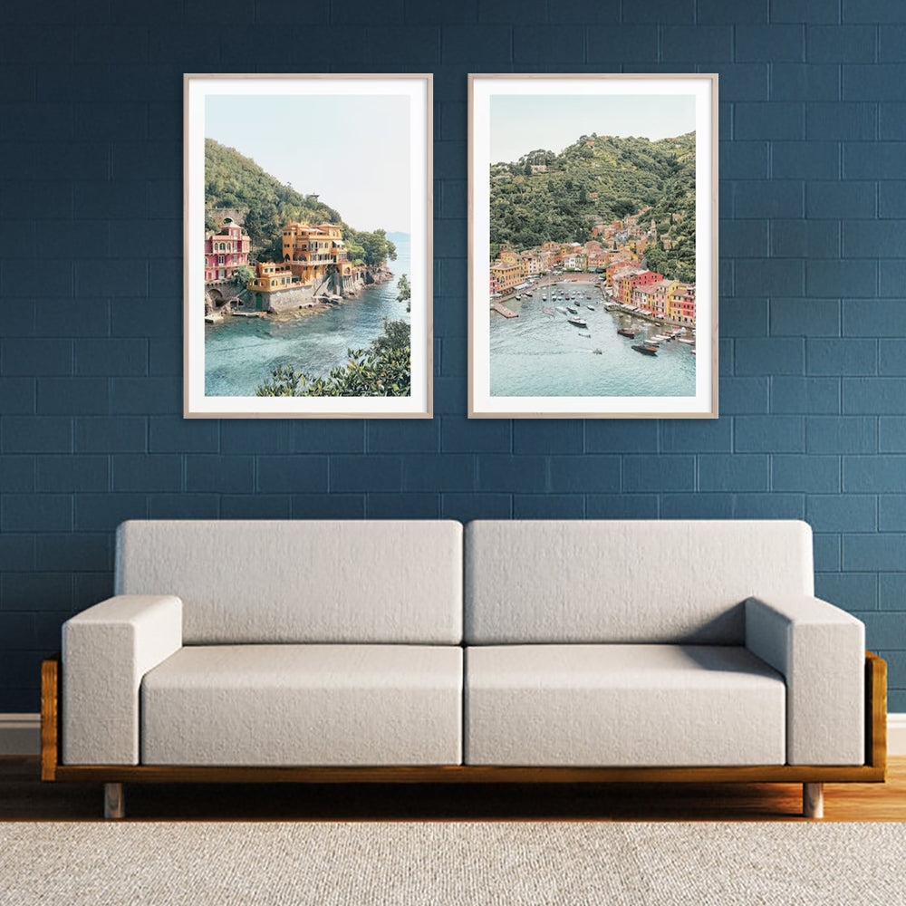 Wall Art Italy Coast 2 Sets Wood Frame Canvas for Home Decor Living Room