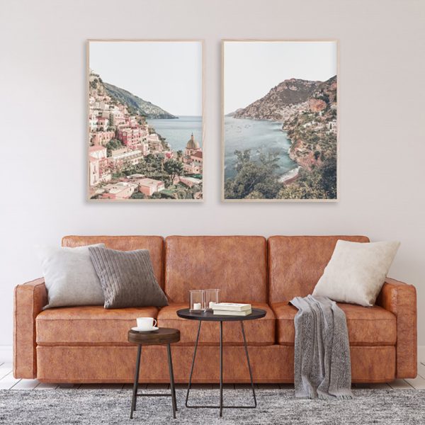 Wall Art Italy Positano 2 Sets Wood Frame Canvas Prints for Home Decoration