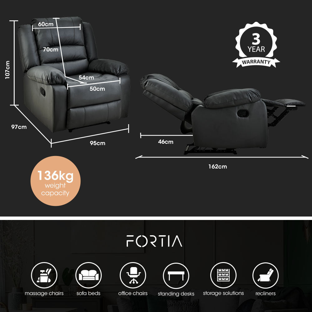 Fortia Luxury Recliner Lounge Chair – Black Faux Leather Armchair for Home Theatre and Relaxation