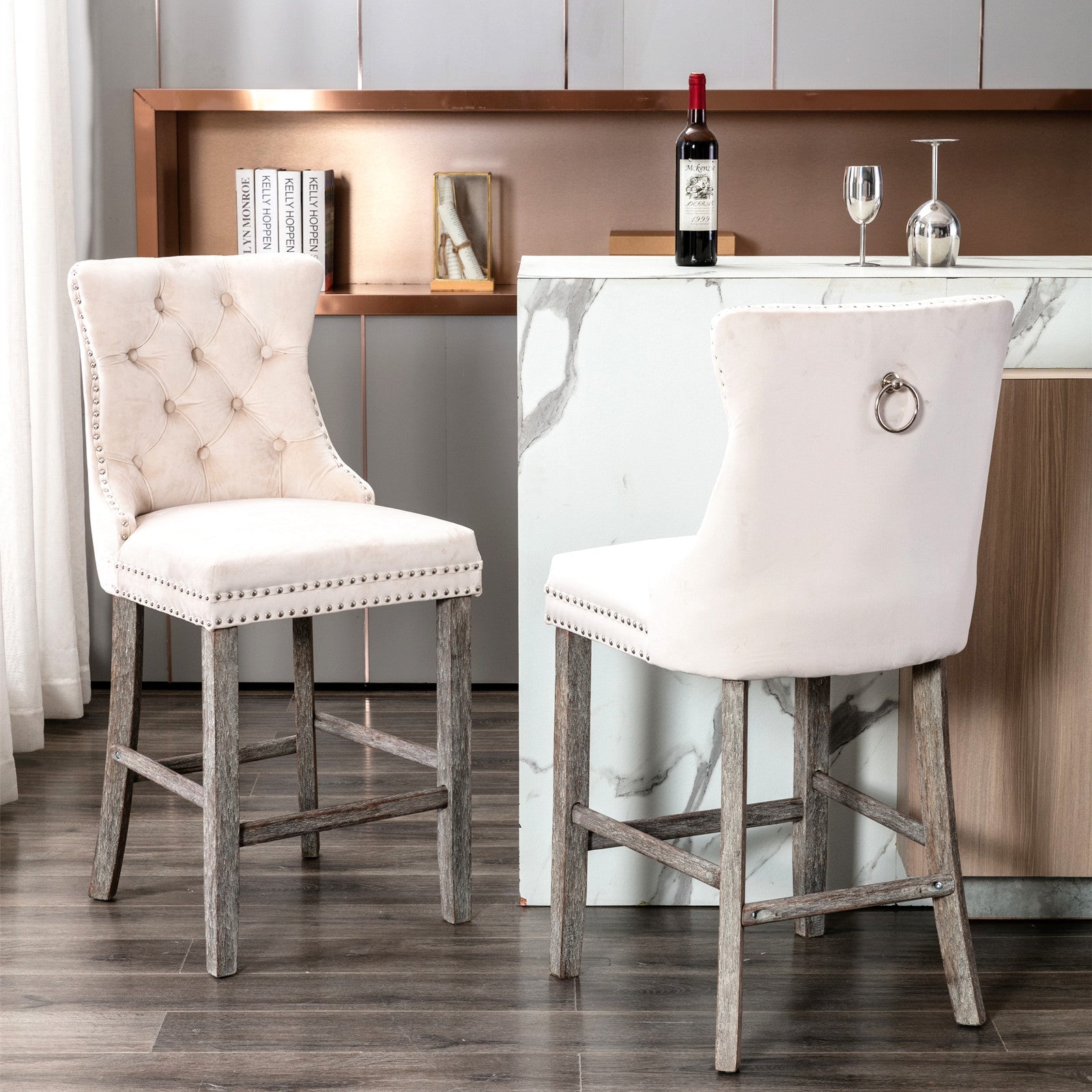 Elegant Velvet Bar Stools with Studs Trim