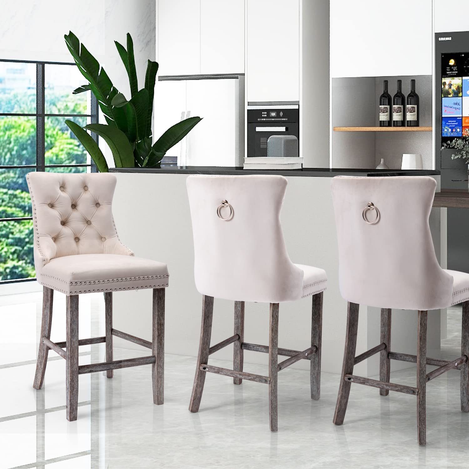 Elegant Velvet Bar Stools with Studs Trim