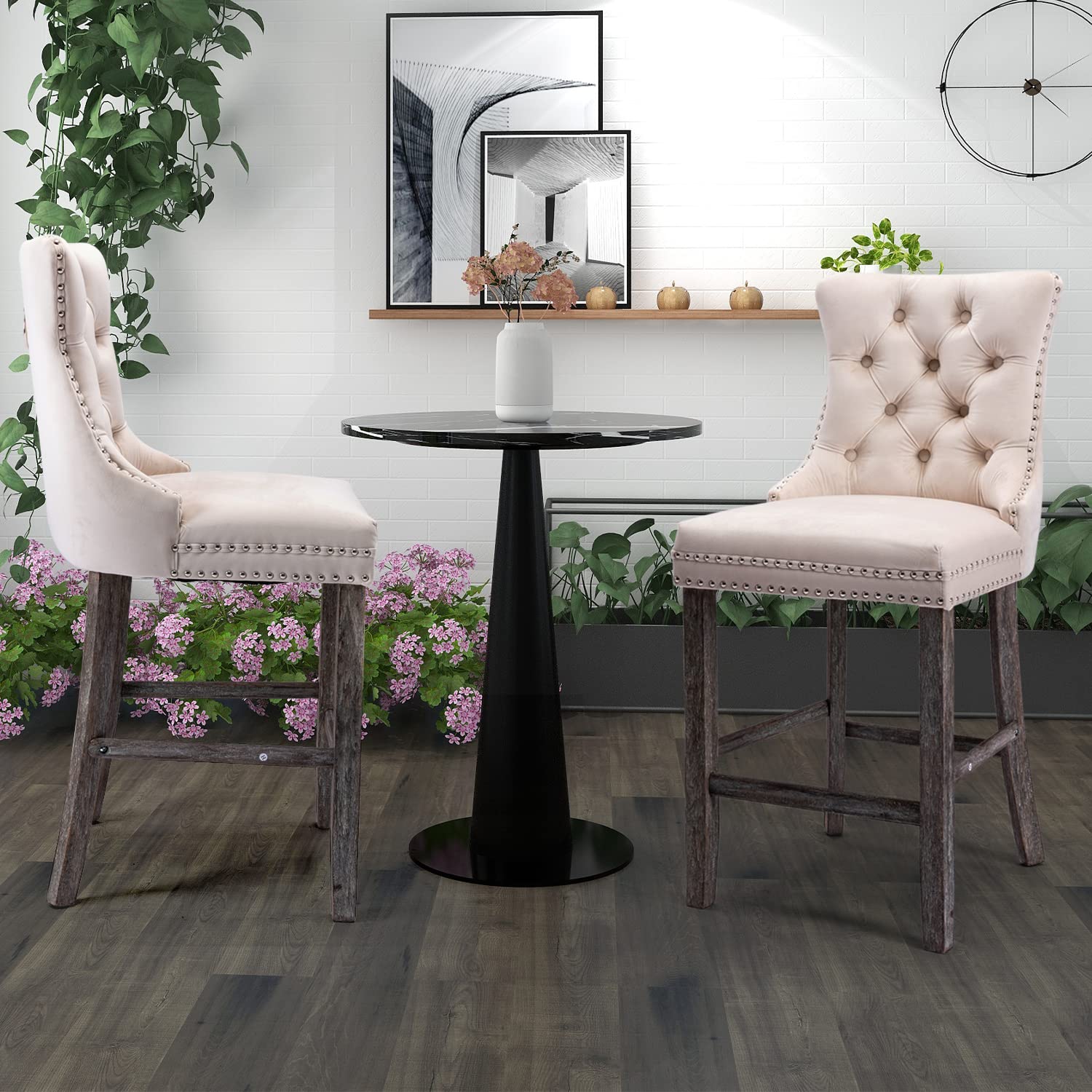 Elegant Velvet Bar Stools with Studs Trim