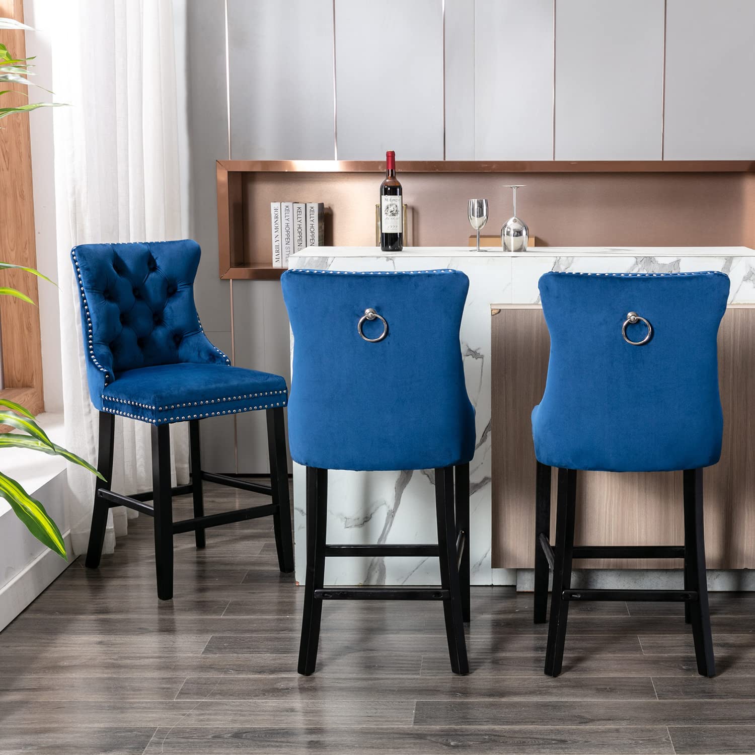Elegant Velvet Bar Stools with Studs Trim
