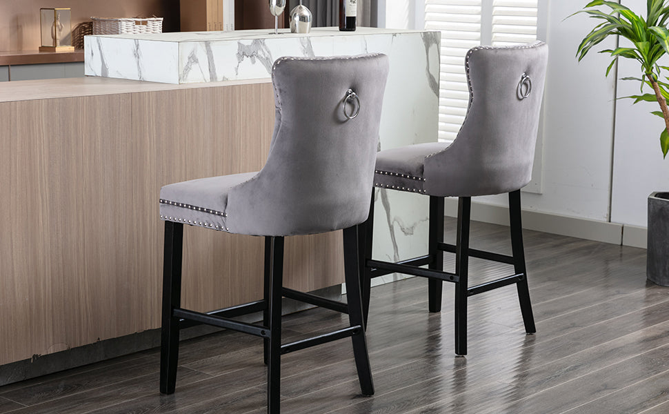Elegant Velvet Bar Stools with Studs Trim