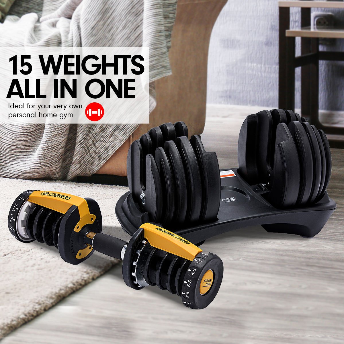 Powertrain 48kg Adjustable Dumbbell Home Gym Set Gold