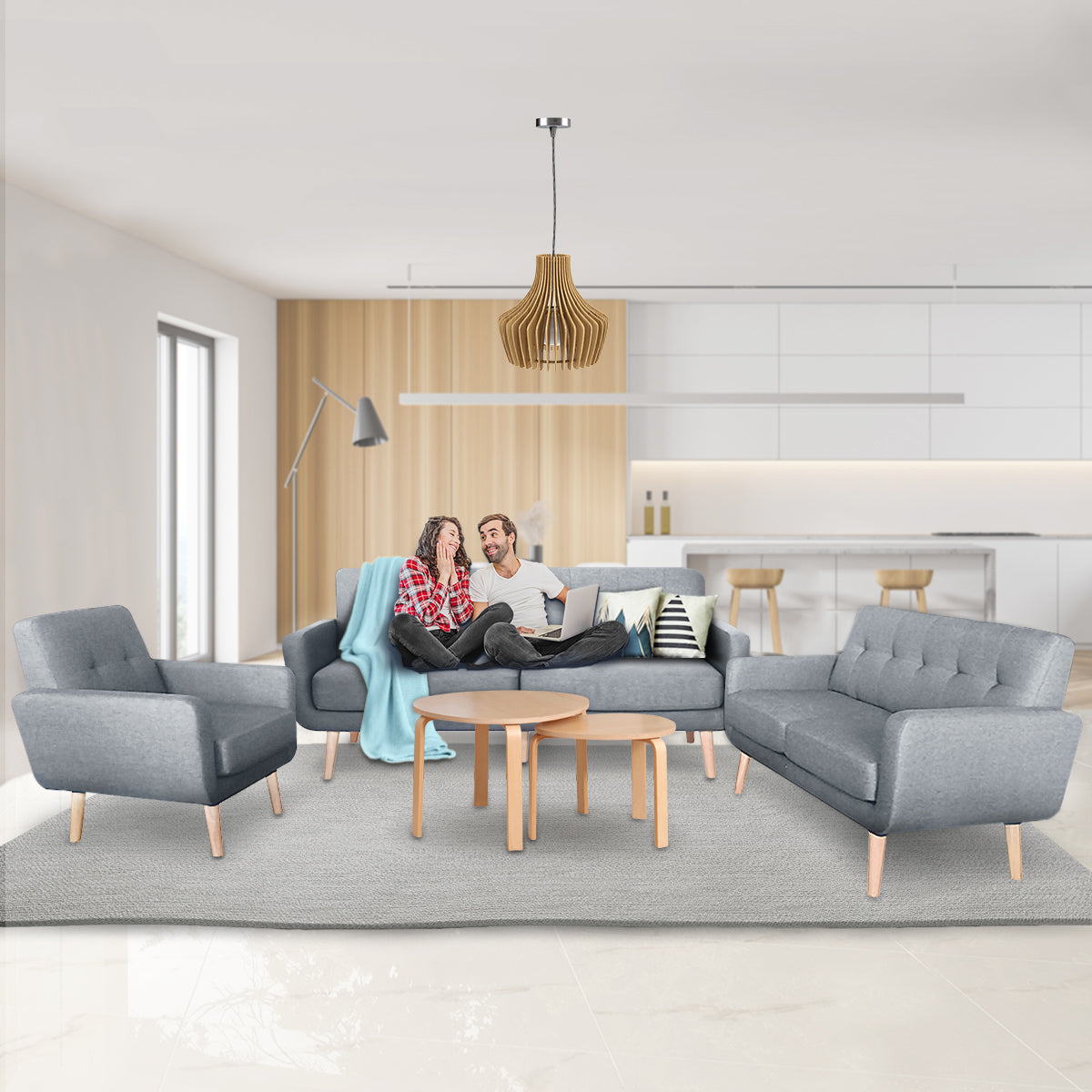 Sarantino Light Grey 6-Seater Linen Sofa Set