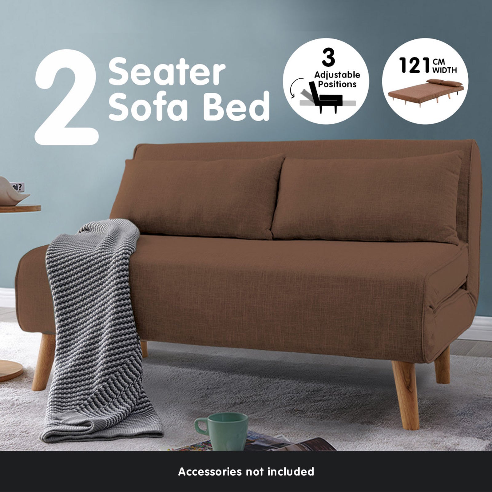 Sarantino 2-Seater Adjustable Sofa Bed - Brown