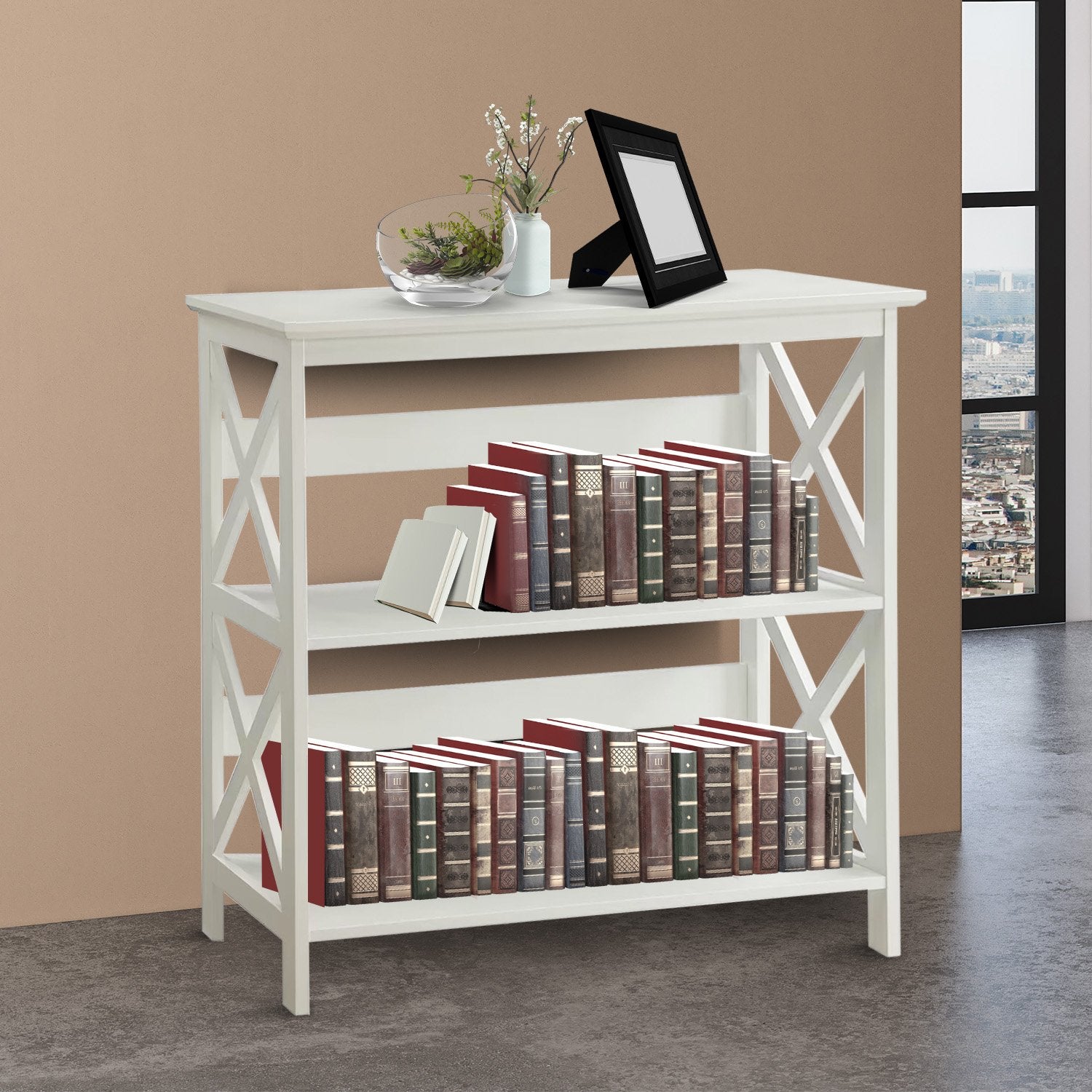 Sarantino Lucas Modern 3-Tier Bookshelf in White