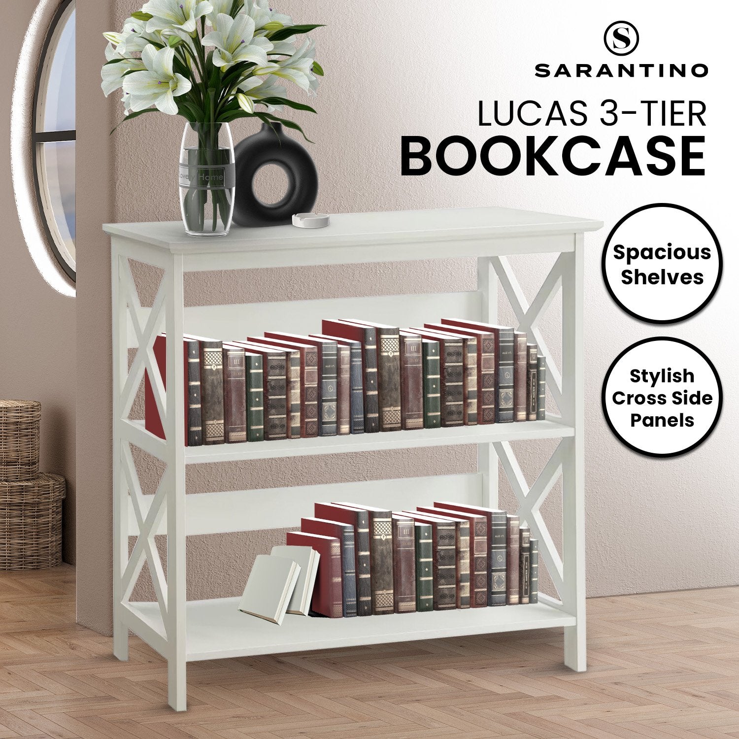 Sarantino Lucas Modern 3-Tier Bookshelf in White