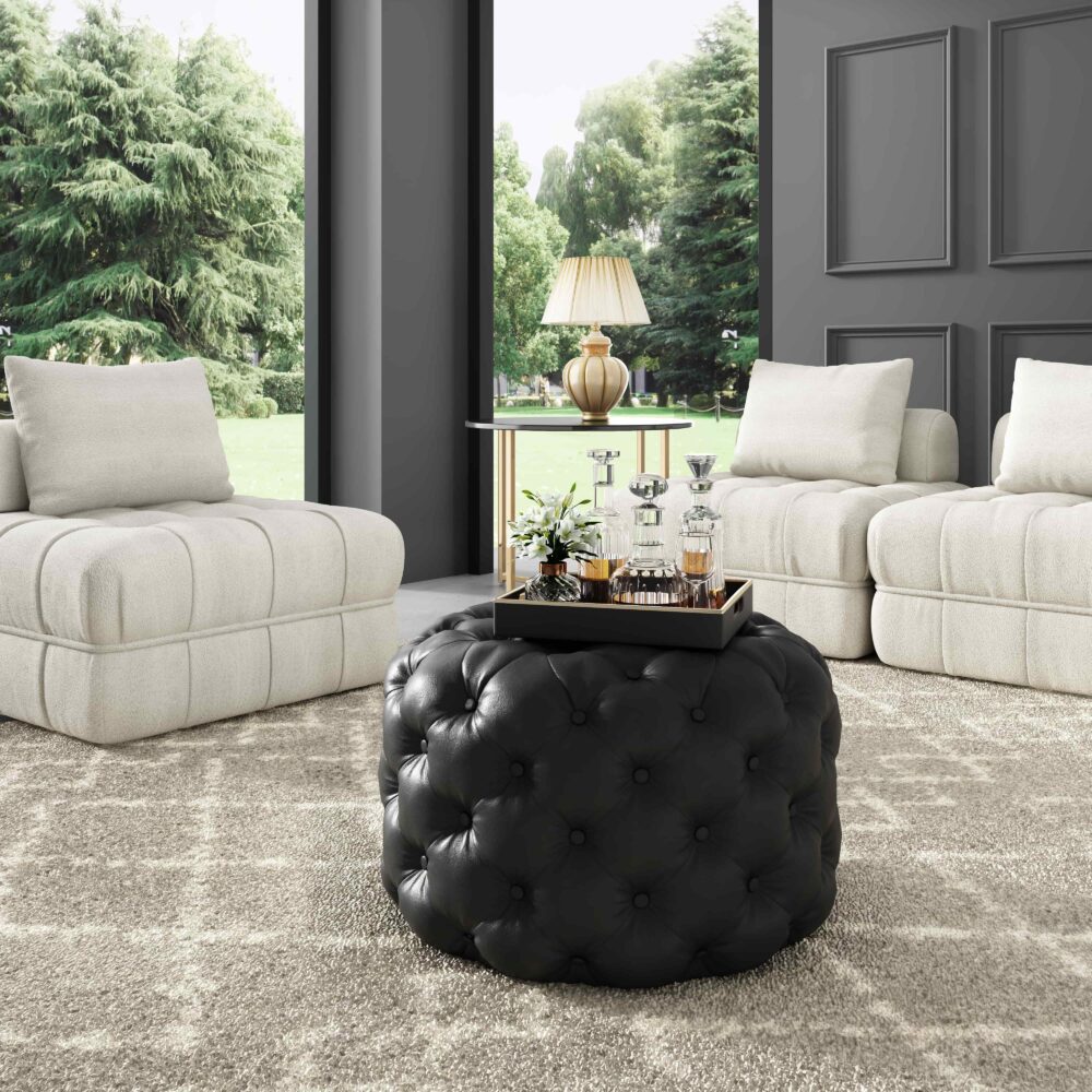 Contemporary Black Leather-look Button Ottoman