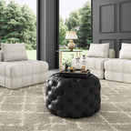 Contemporary Black Leather-look Button Ottoman