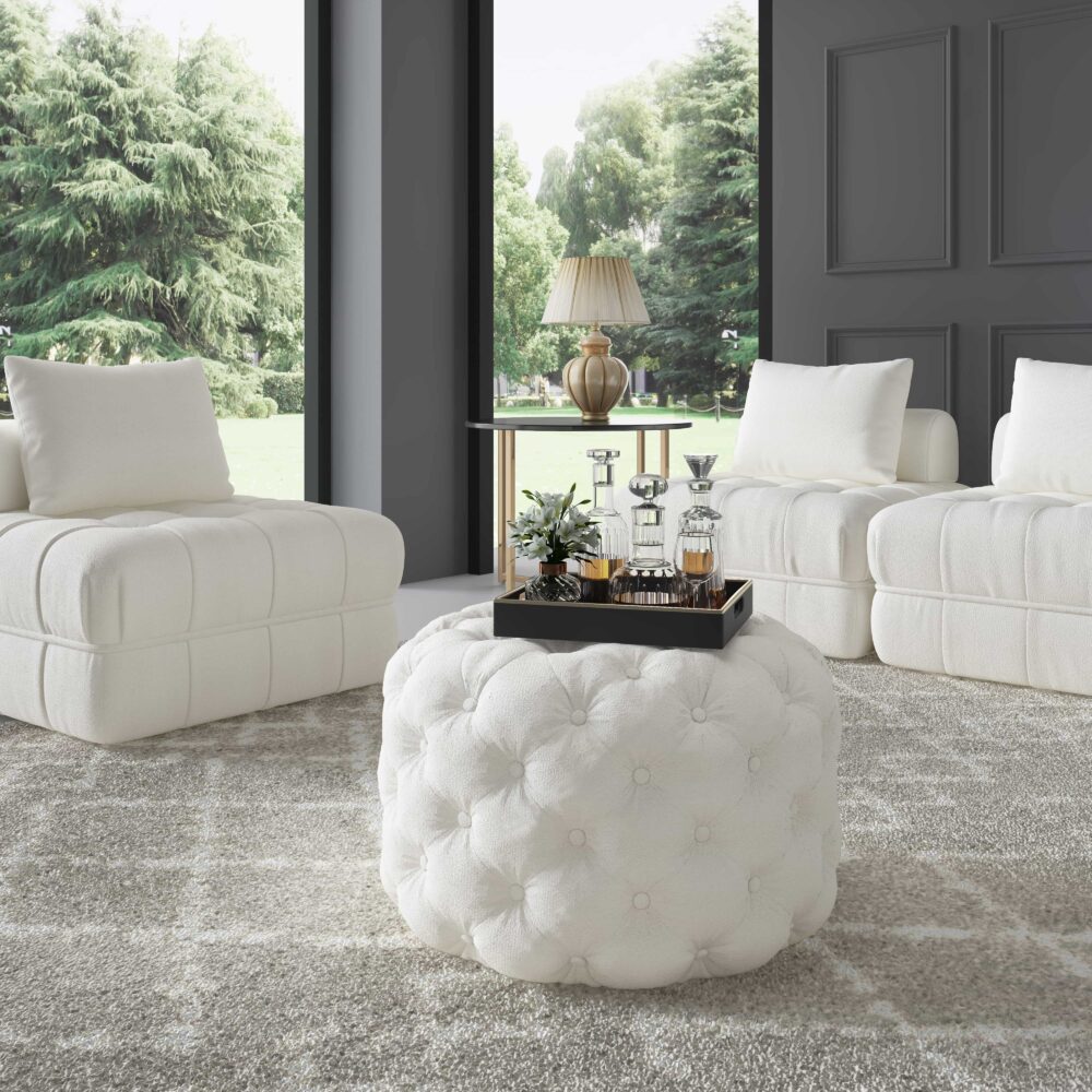 Bouclée White Round Ottoman