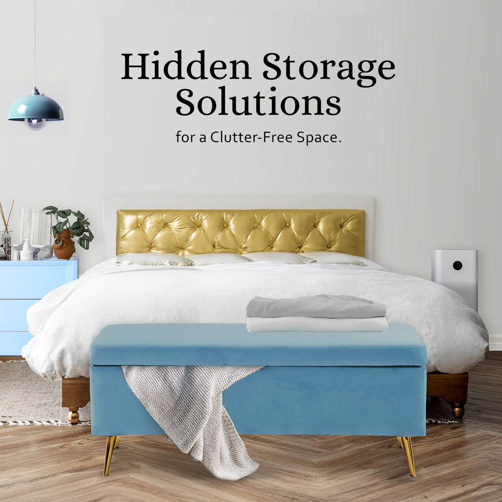 La Bella Ocean Blue Velvet Storage Ottoman