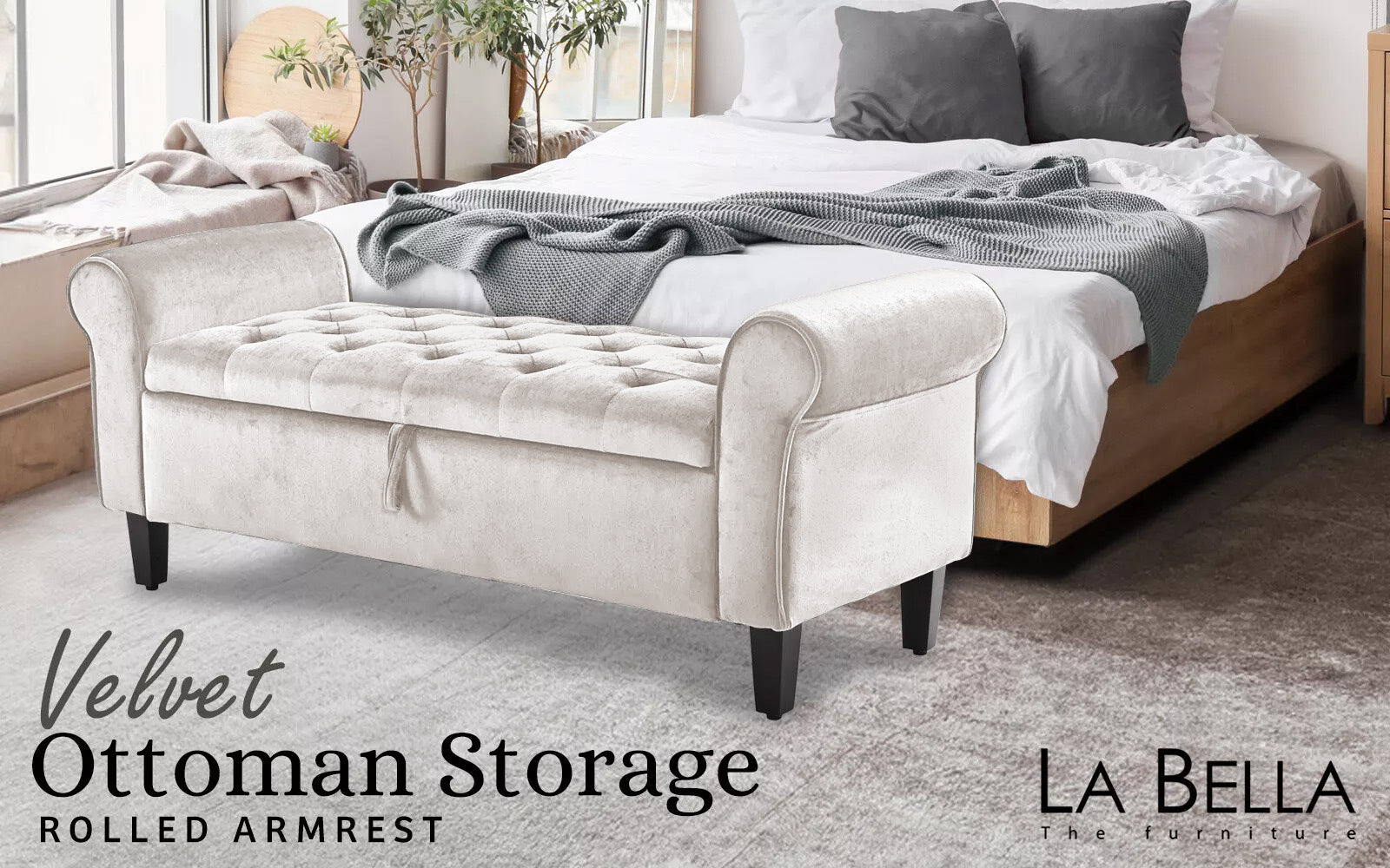La Bella 132cm Beige Velvet Storage Ottoman
