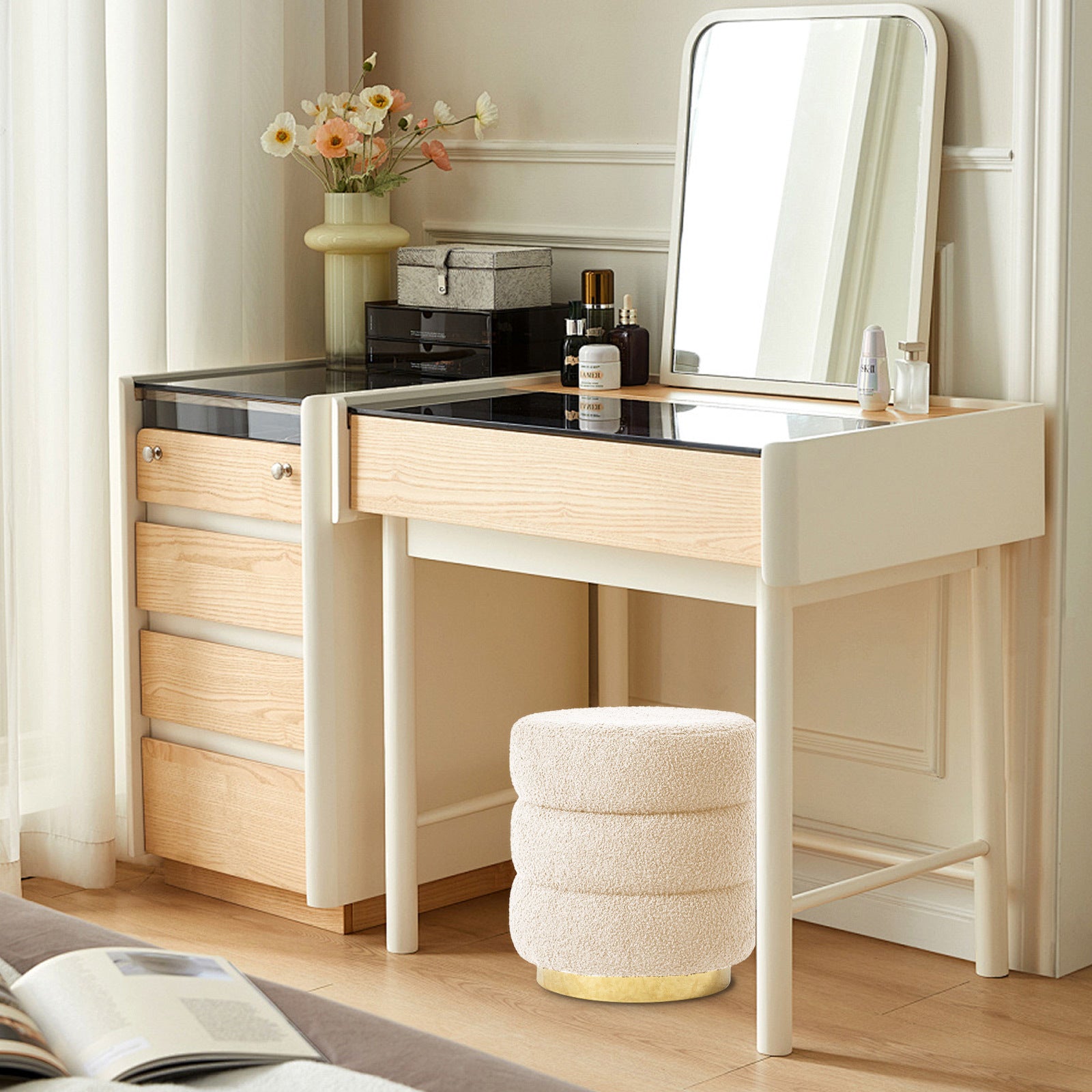 La Bella Beige Teddy Fleece Ottoman Stool