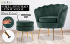 La Bella Velvet Scalloped Armchair and Round Ottoman Set in Green
