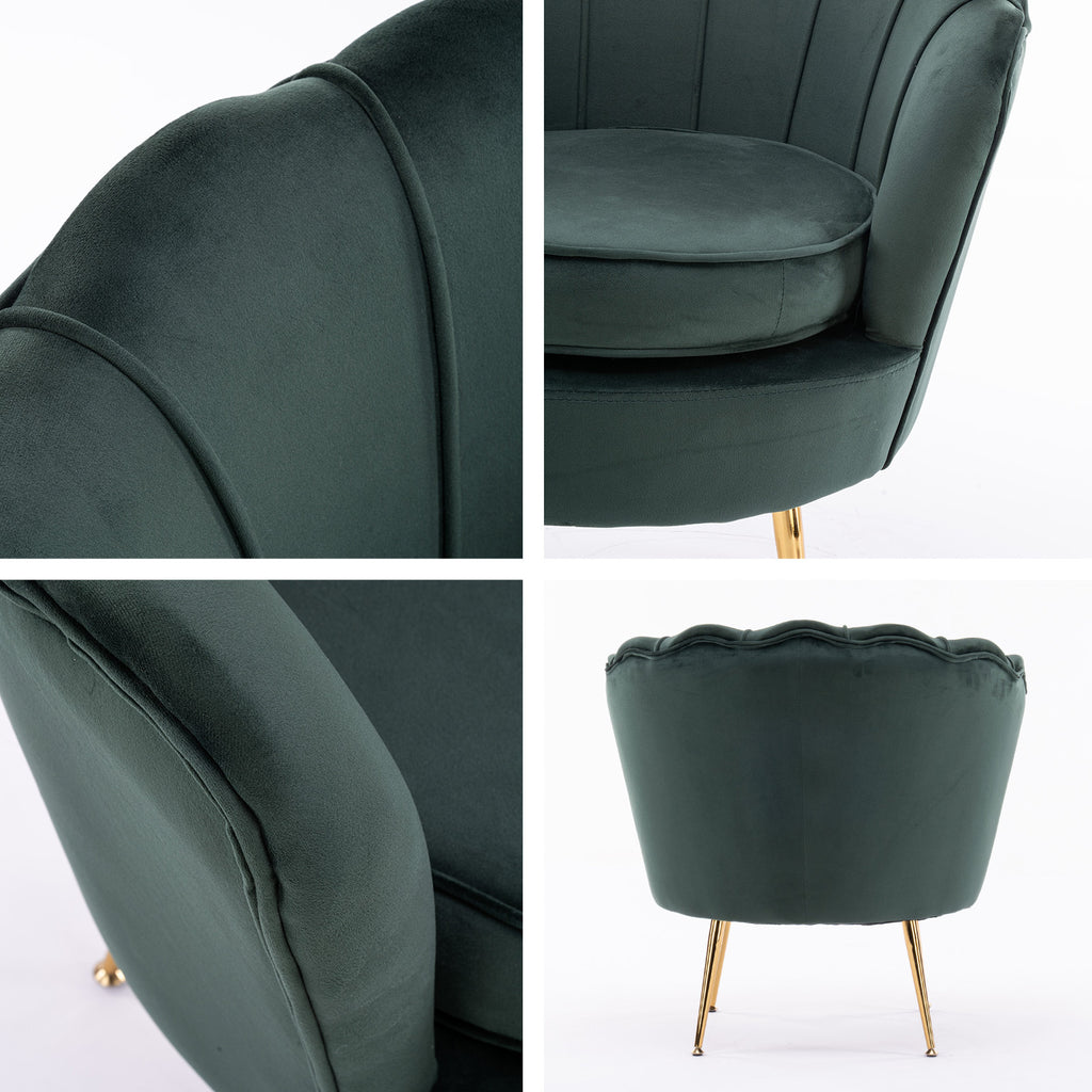 La Bella Velvet Scalloped Armchair and Round Ottoman Set in Green