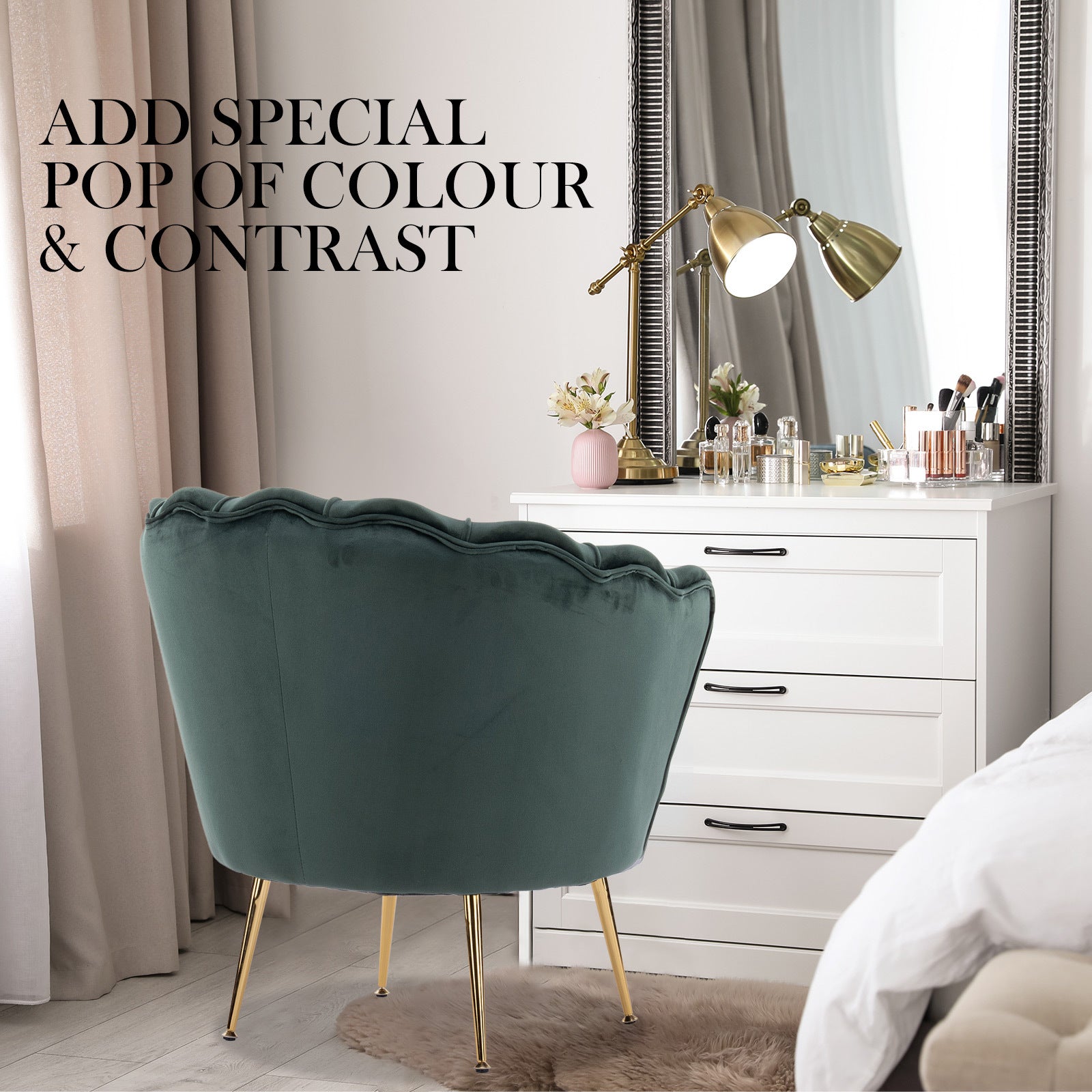 La Bella Velvet Scalloped Armchair and Round Ottoman Set in Green