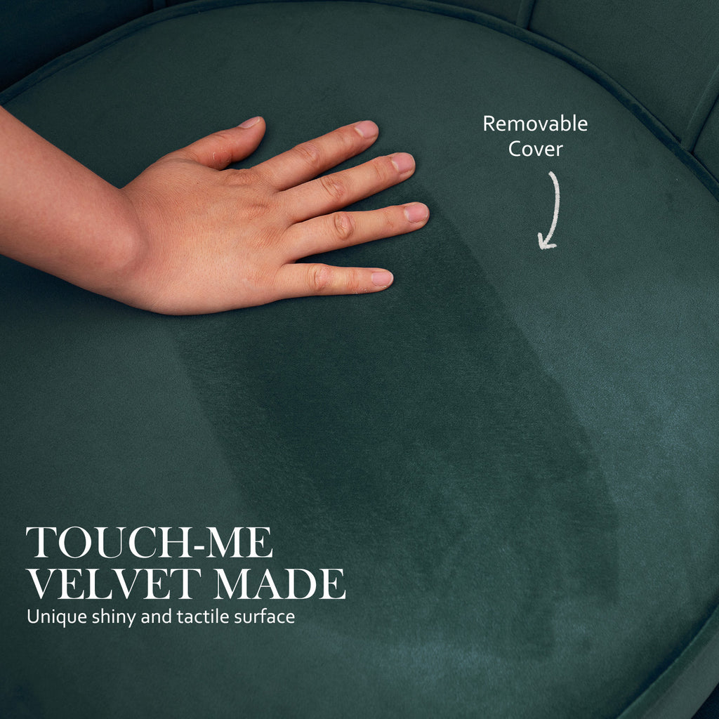 La Bella Velvet Scalloped Armchair and Round Ottoman Set in Green