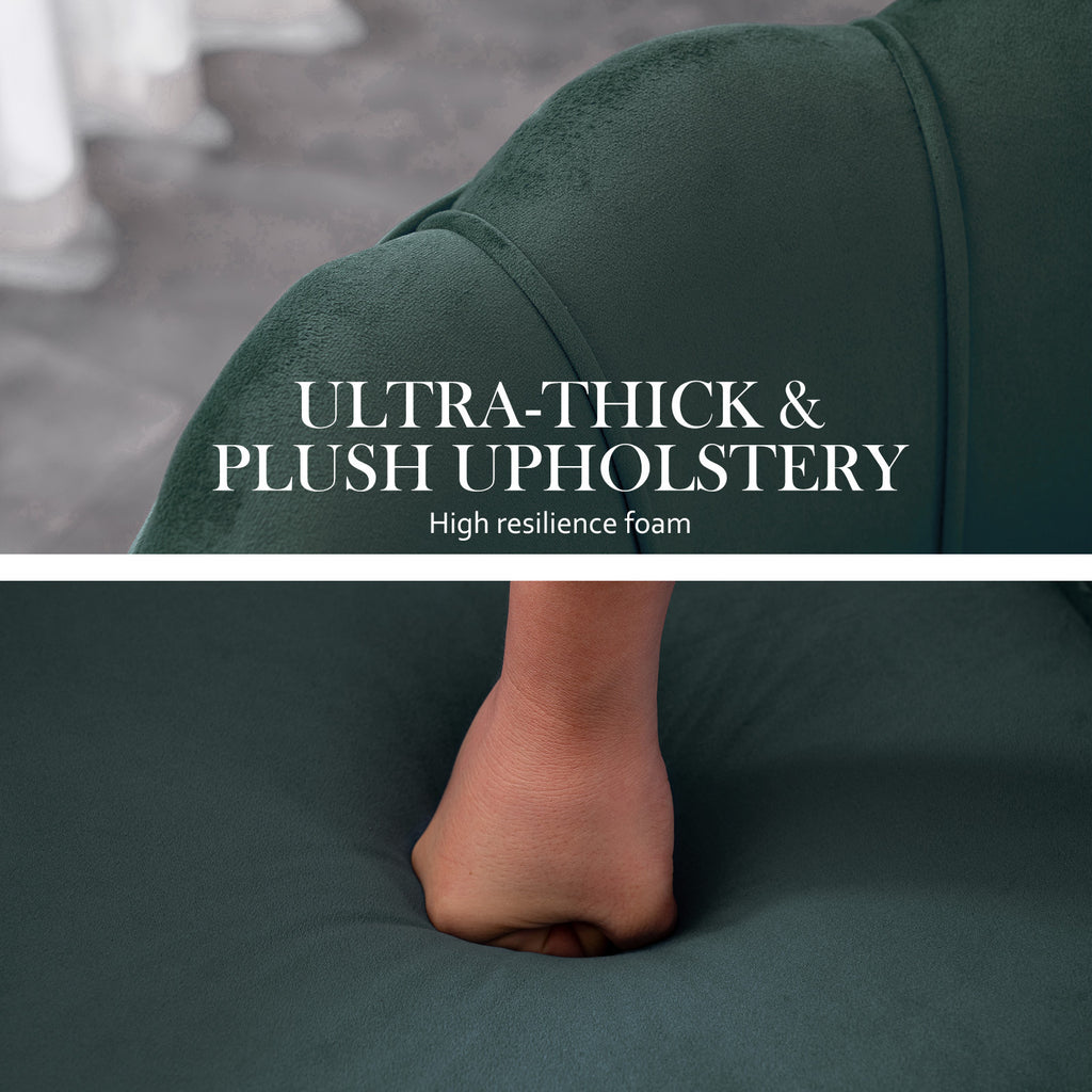 La Bella Velvet Scalloped Armchair and Round Ottoman Set in Green