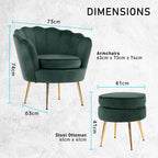 La Bella Velvet Scalloped Armchair and Round Ottoman Set in Green