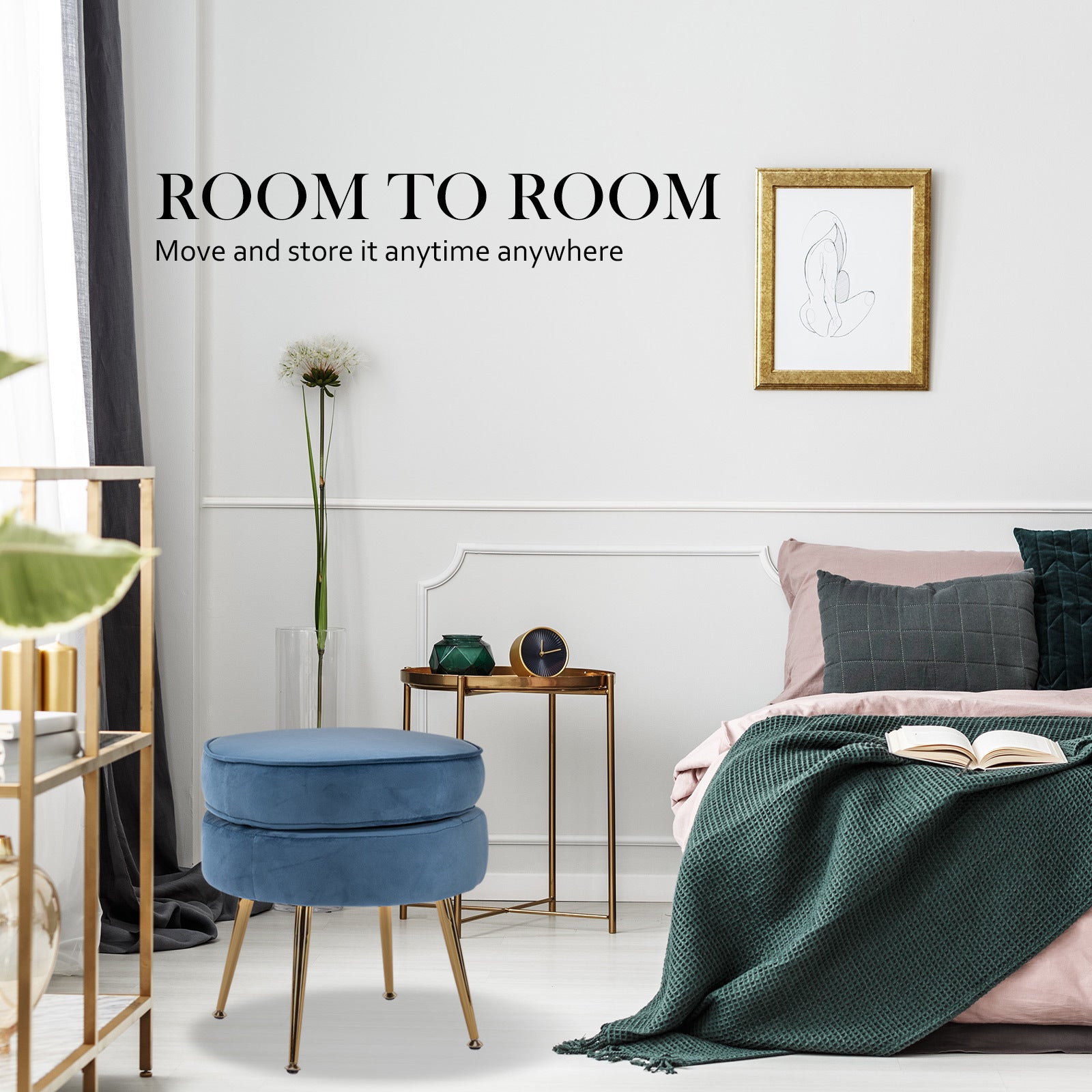 La Bella Velvet Round Ottoman with Gold Legs