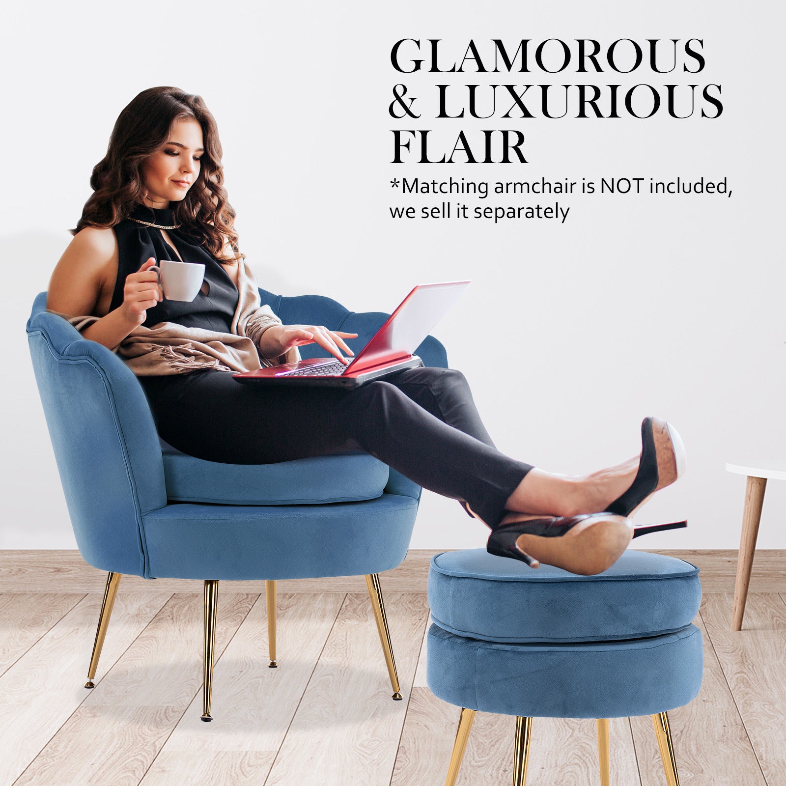 La Bella Velvet Round Ottoman with Gold Legs